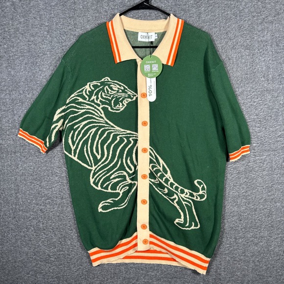 OXKnit Other - NEW OXKNIT Tiger Knit Shirt Mens XL Green Orange Short Sleeve Button Retro Style